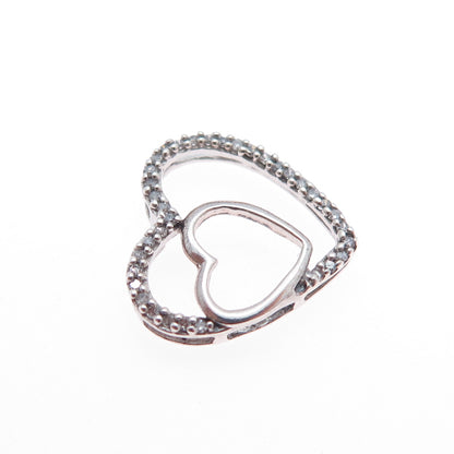 925 Sterling Silver Real Round-Cut Diamond Double Heart Mini Slide Pendant