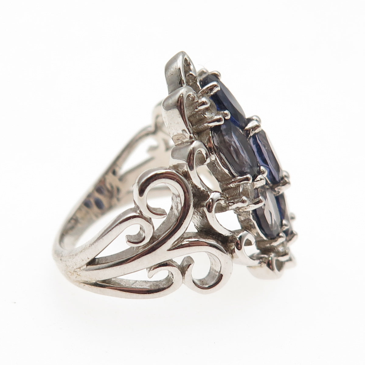 925 Sterling Silver Real Iolite & White Topaz Cluster Ring Size 6