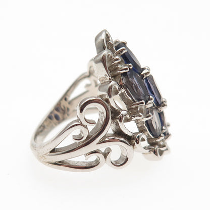 925 Sterling Silver Real Iolite & White Topaz Cluster Ring Size 6