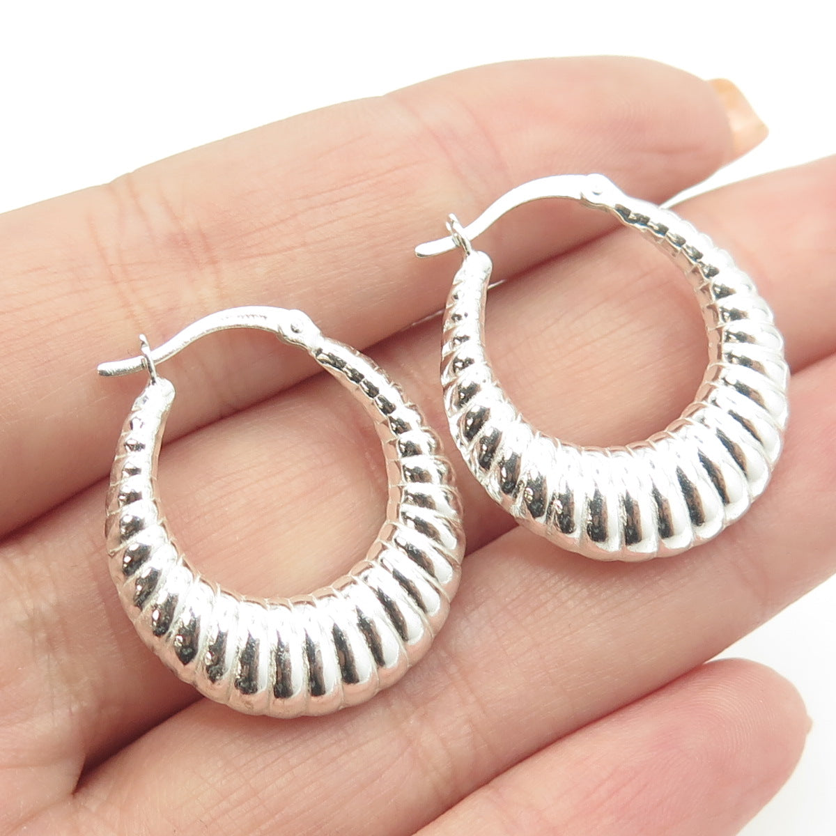 HAN 925 Sterling Silver Puffy Ribbed Hoop Earrings