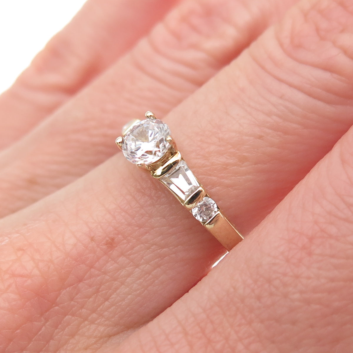925 Sterling Gold Plated Round & Tapered Baguette-Cut C Z Engagement Ring Size 6