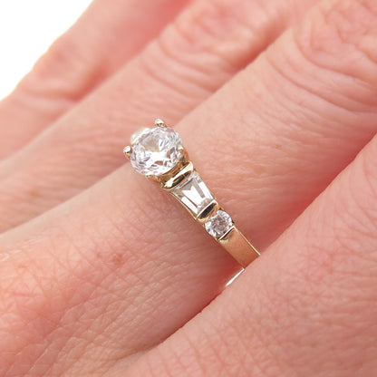 925 Sterling Gold Plated Round & Tapered Baguette-Cut C Z Engagement Ring Size 6