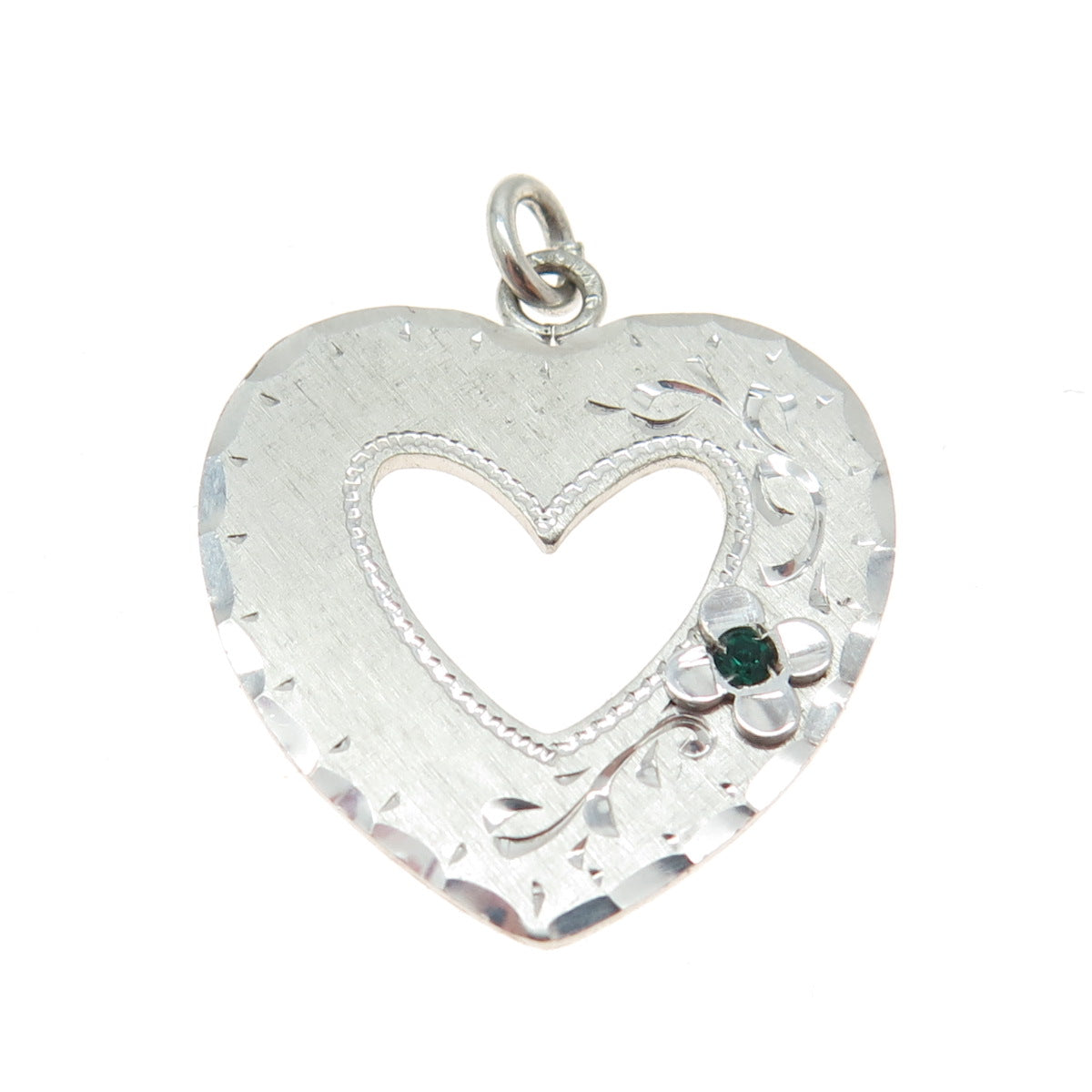 925 Sterling Silver Vintage Green Rhinestone Engraved Heart Pendant