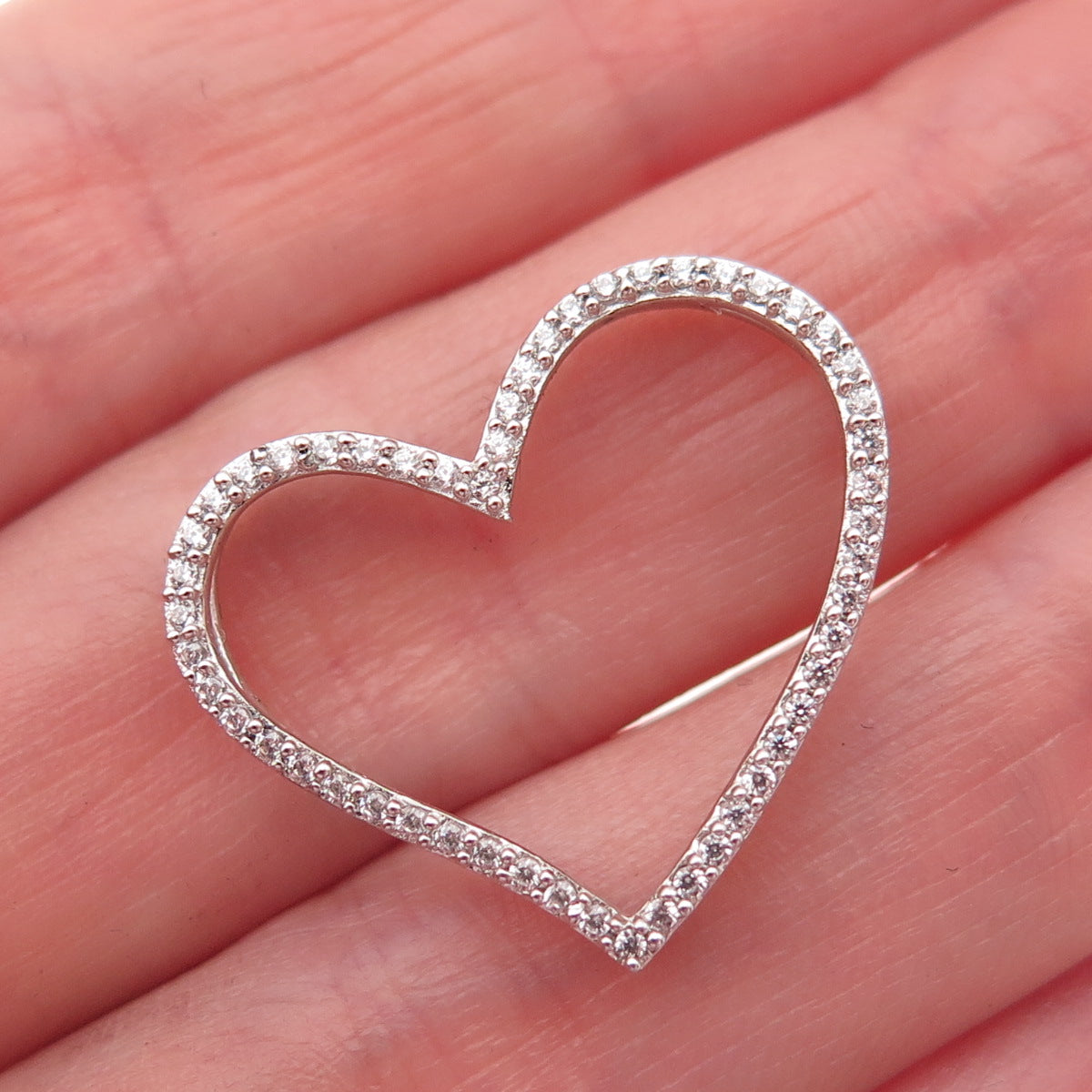 925 Sterling Silver Round-Cut C Z Open Heart Slide Charm Pendant