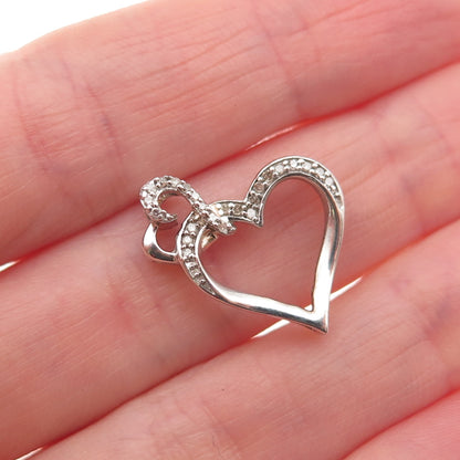 925 Sterling Silver Real Diamond Double Heart Mini Slide Charm Pendant