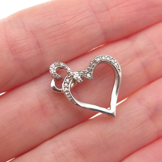 925 Sterling Silver Real Diamond Double Heart Mini Slide Charm Pendant