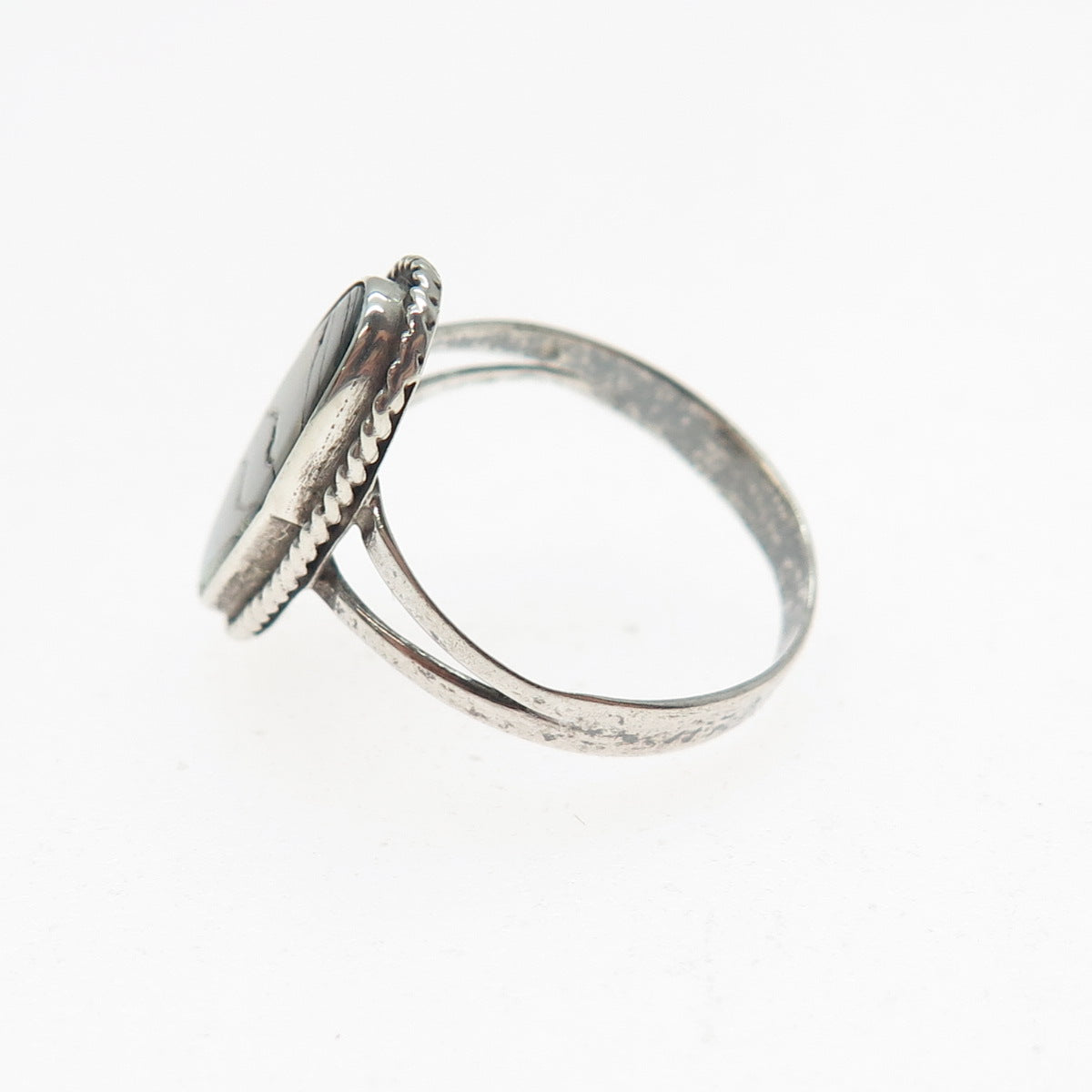 925 Sterling Silver Vintage Mexico Real Abalone Shell Oxidized Ring Size 5.75