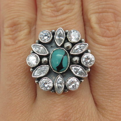 925 Sterling Silver Vintage Real Turquoise Gemstone & C Z Ring Size 8