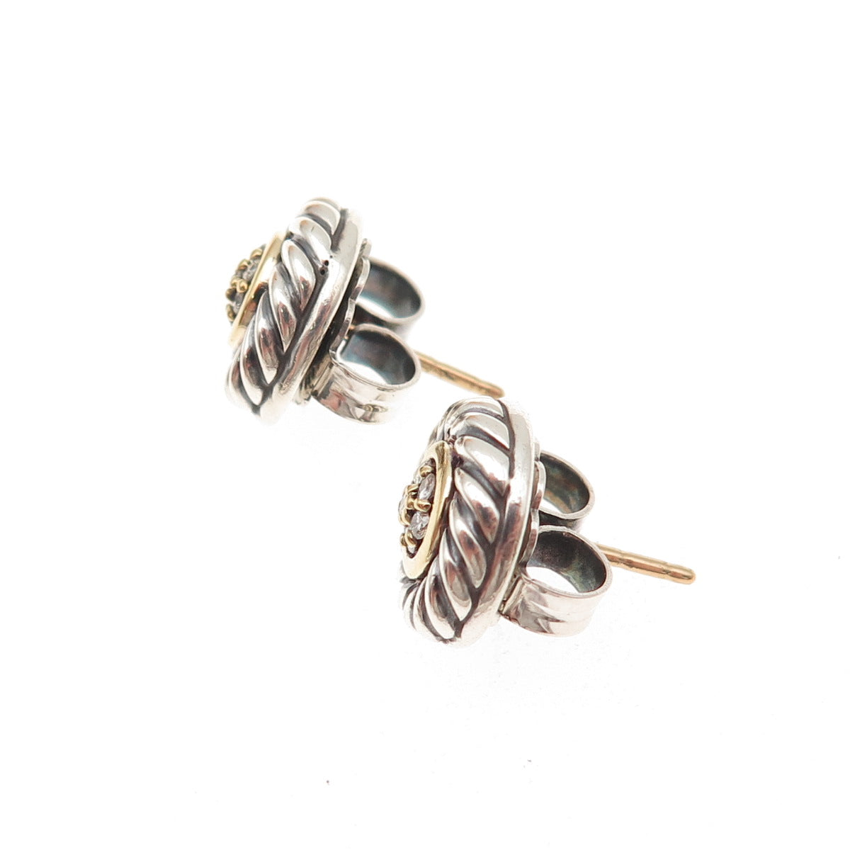 David Yurman Sterling Silver 18K Gold Vintage Real Diamond Cookie Cable Earrings