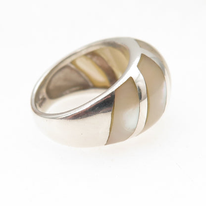 925 Sterling Silver Vintage Real MOP Modernist Oxidized Ring Size 5.75