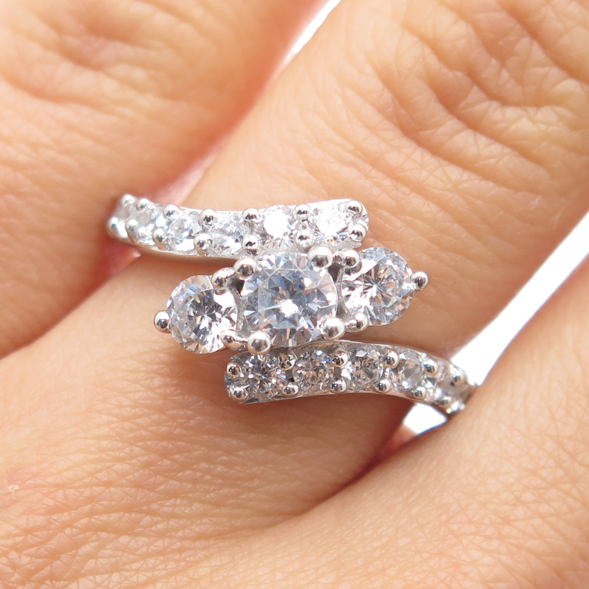 925 Sterling Silver Round-Cut C Z Bypass Ring Size 7