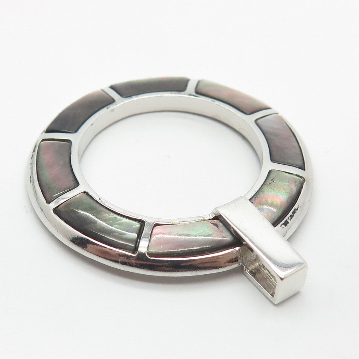 925 Sterling Silver Vintage VAR Real Abalone Shell Open Circle Pendant