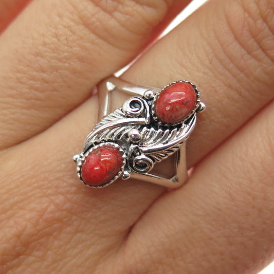 925 Sterling Silver Vintage Real Coral Feather Southwestern Ring Size 8