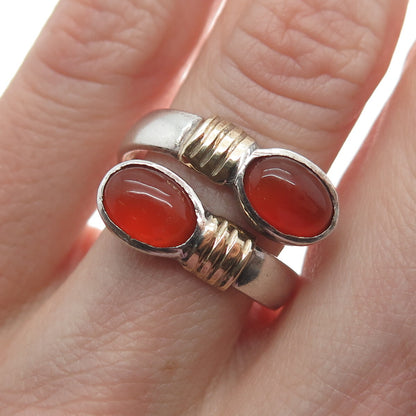 950 Silver & 14K Gold Vintage Real Carnelian Modernist Adjustable Ring Size 6.75