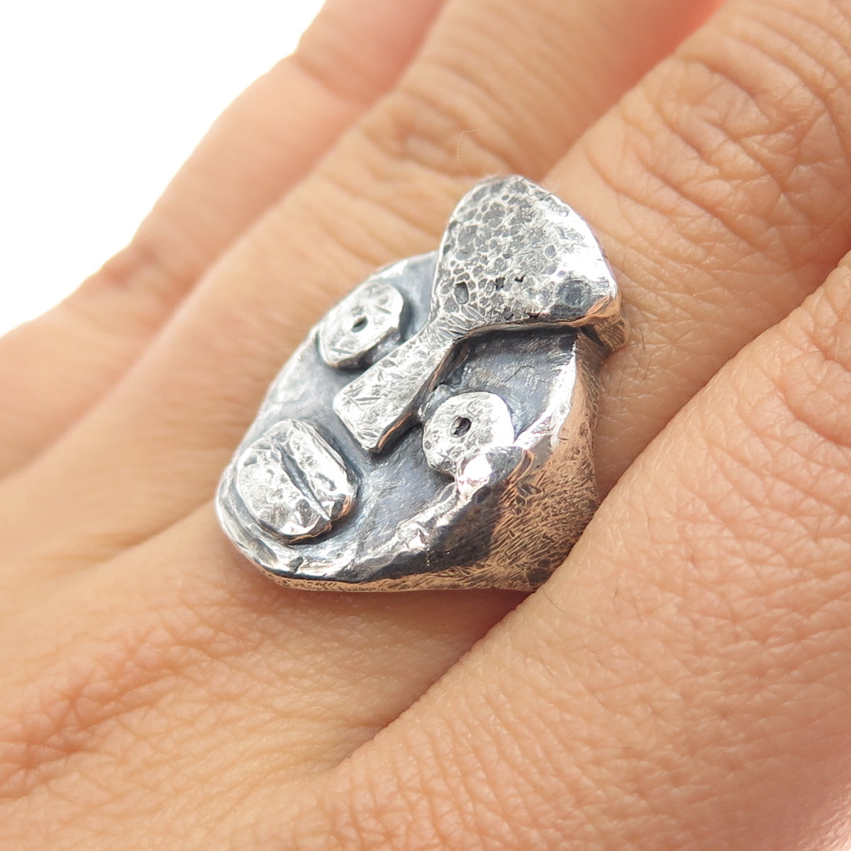 925 Sterling Silver Vintage African Tribal Mask Oxidized Ring Size 7.5