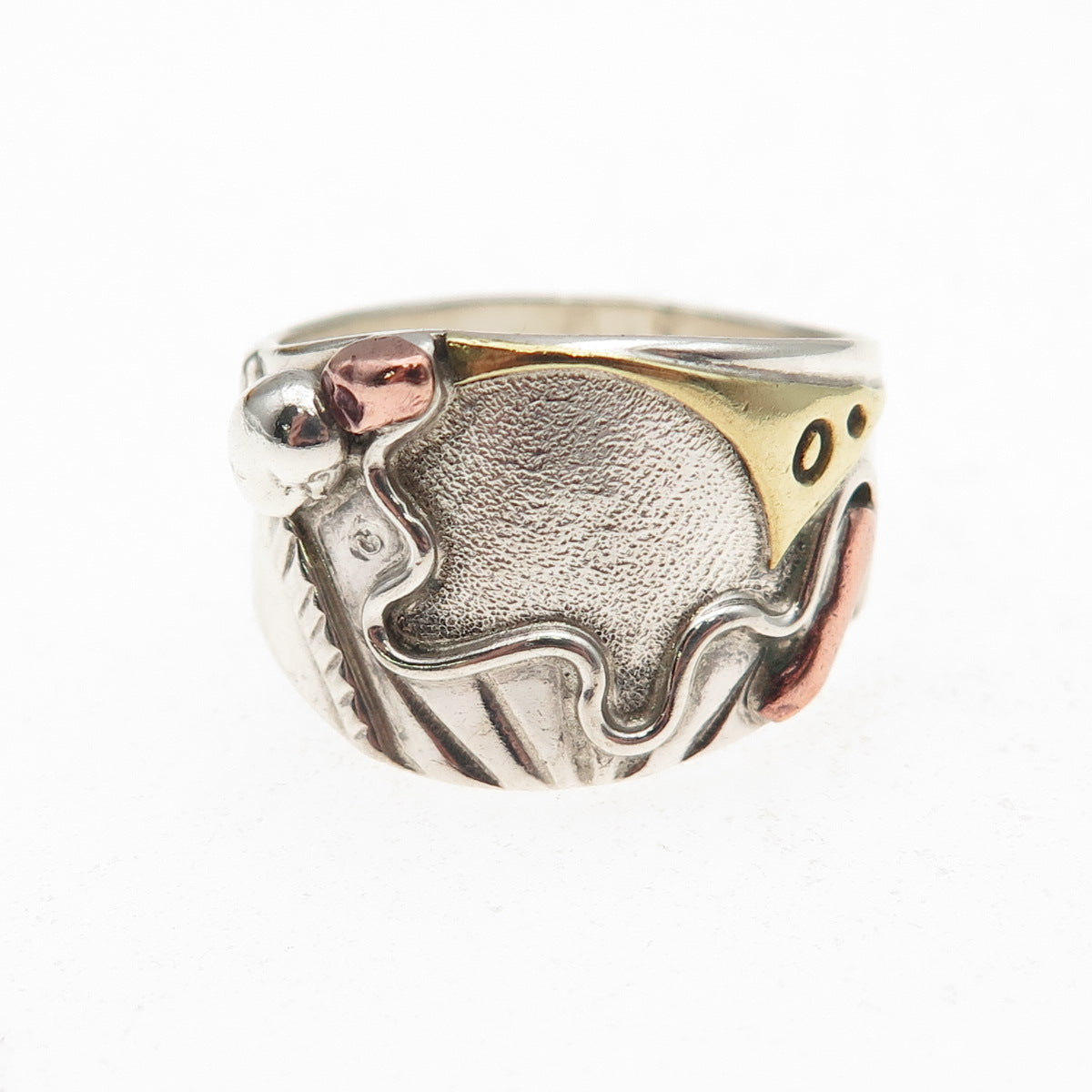 Alfred Joe Navajo Old Pawn Sterling Silver 3-Tone Vintage Tribal Ring Size 9.5