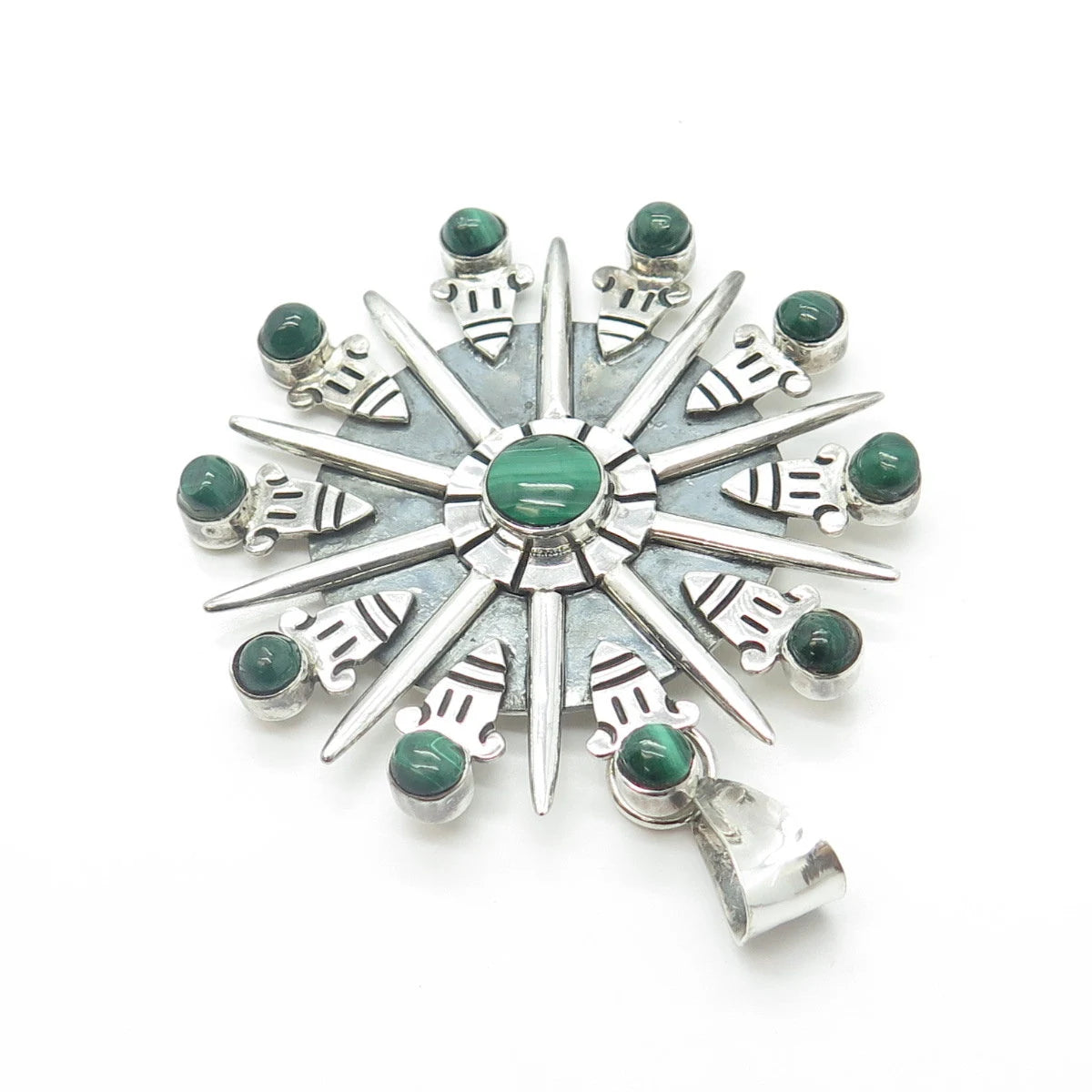925 Sterling Silver Vintage Mexico Real Malachite Fortune Wheel Pendant