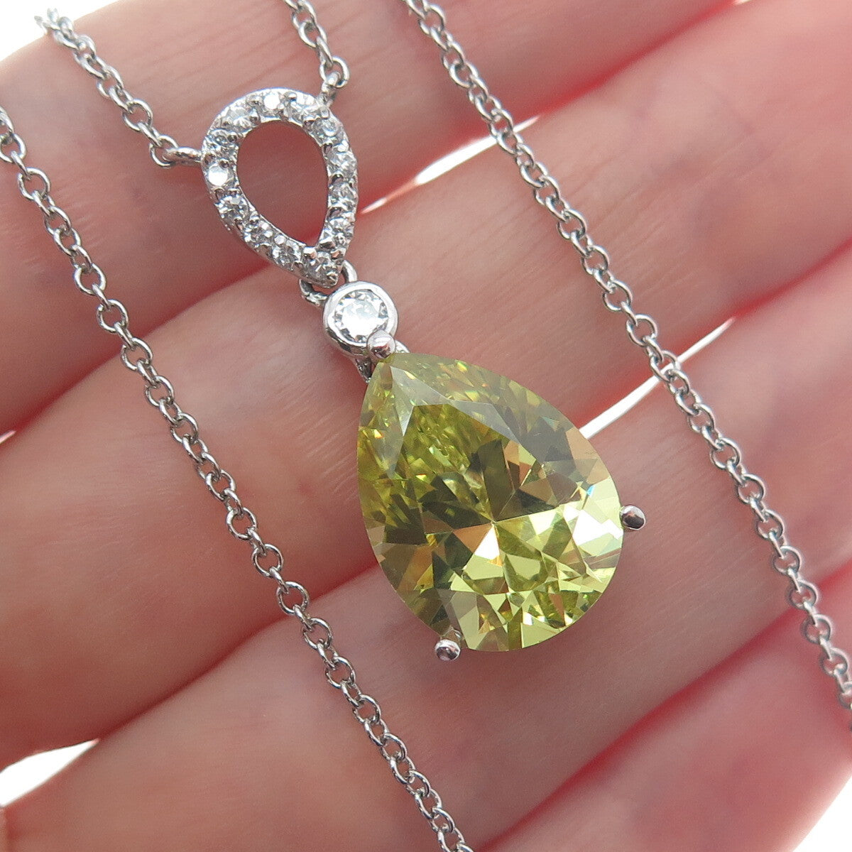 925 Sterling Silver Pear-Cut Lime Citrine Gem & C Z Cable Chain Necklace 18"