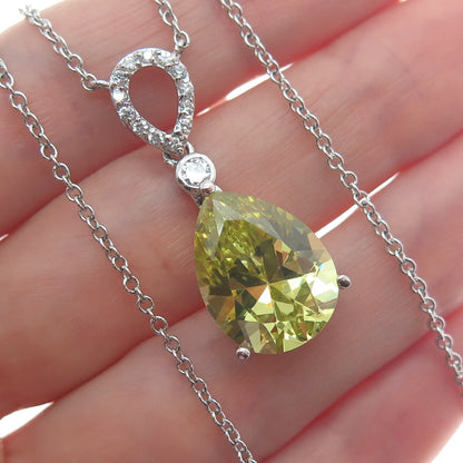 925 Sterling Silver Pear-Cut Lime Citrine Gem & C Z Cable Chain Necklace 18"