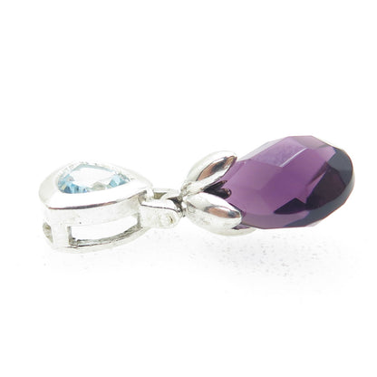 925 Sterling Silver Real Light Blue Topaz & Amethyst Gemstone Slide Pendant