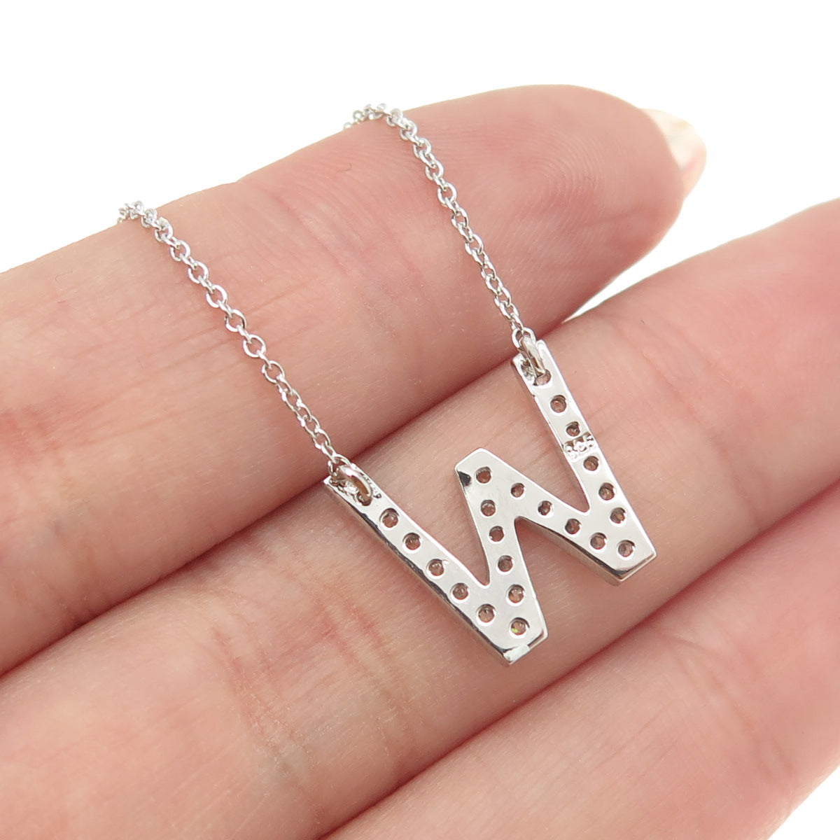 925 Sterling Silver C Z Letter "W" Initial Rolo Chain Necklace 16-18"