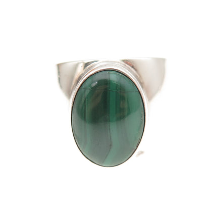 925 Sterling Silver Vintage CII Mexico Real Malachite Modernist Ring Size 6.25