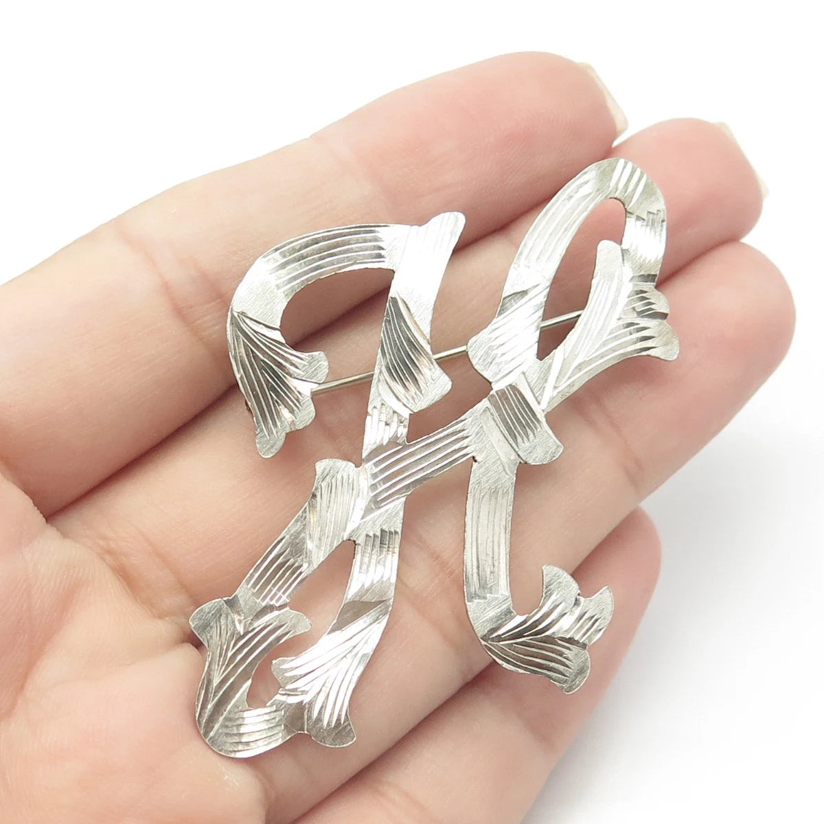 925 Sterling Silver Vintage Mexico Floral Letter "H" Initial Pin Brooch
