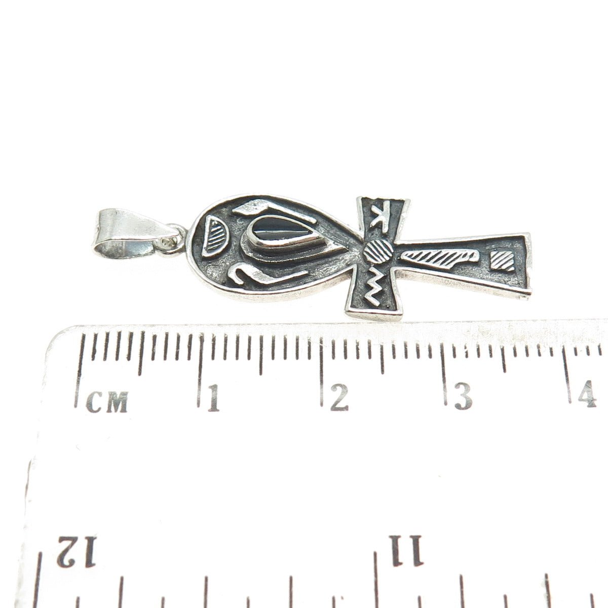 925 Sterling Silver Vintage Black Onyx Gem Egyptian Ankh Cross Pendant