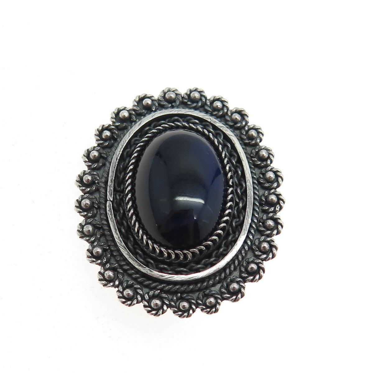 925 Sterling Silver Vintage Israel Dark Blue Glass Ethnic Pin Brooch