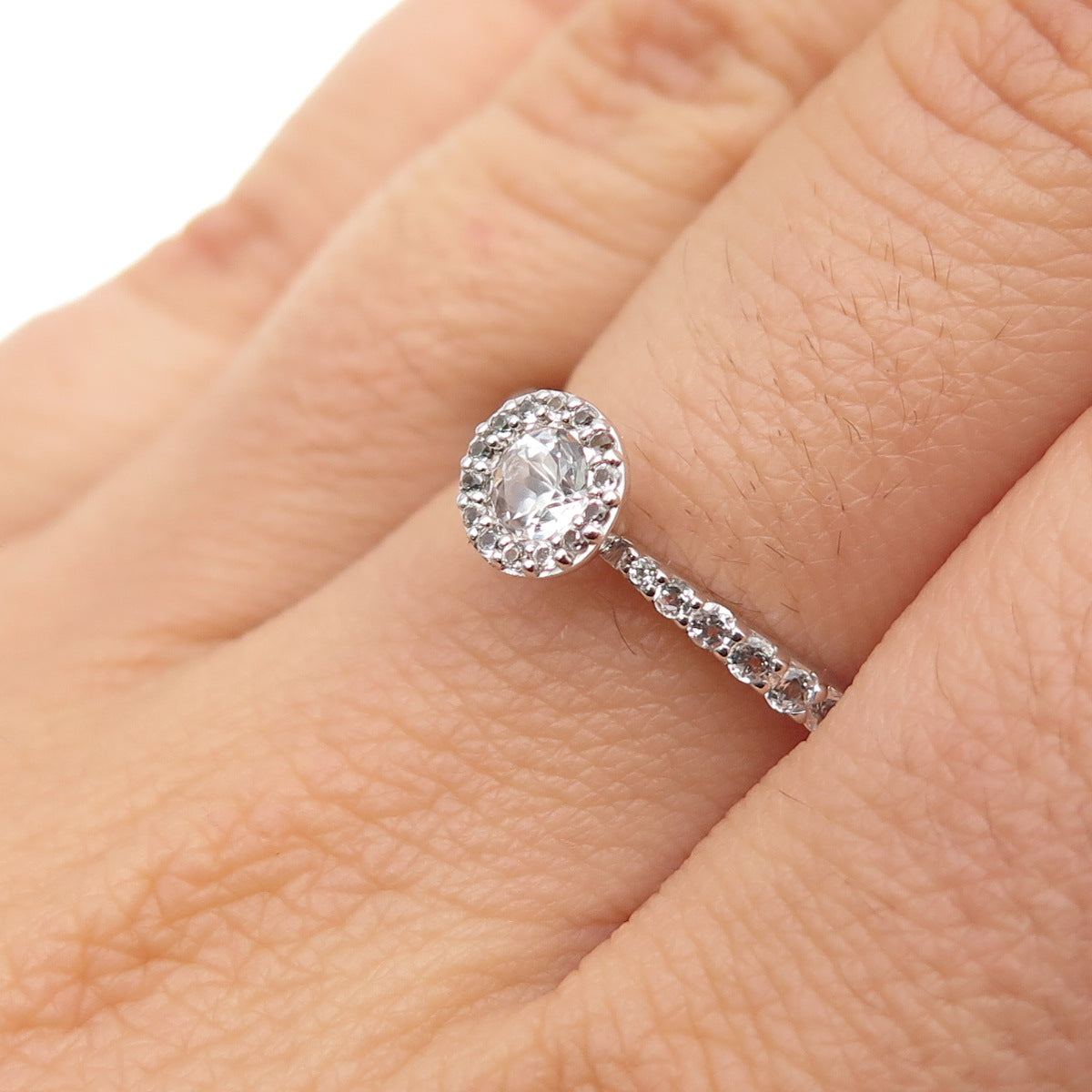 925 Sterling Silver Real Round-Cut White Topaz Engagement Ring Size 6.75