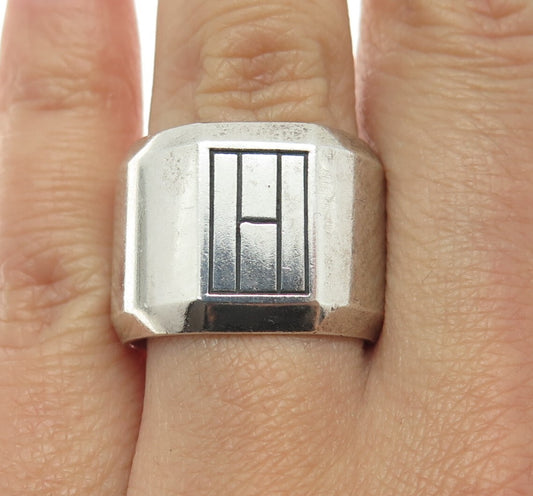 925 Sterling Silver Vintage Carved Block Tapered Rim Cigar Band Ring Size 8.5