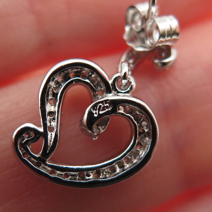 925 Sterling Silver Round-Cut C Z Heart Dangle Earrings
