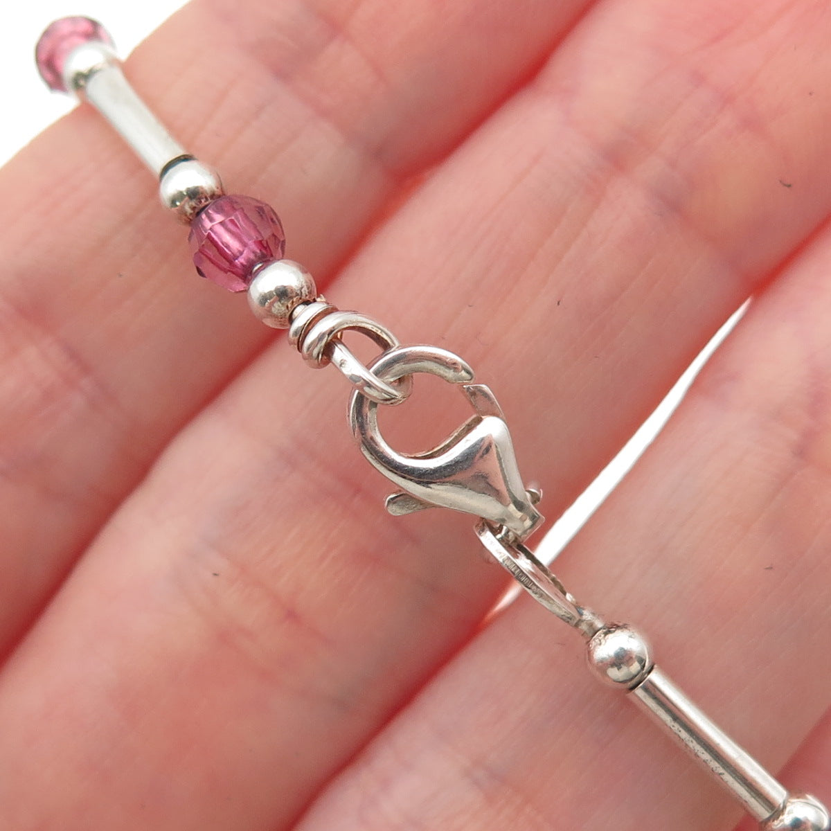 925 Sterling Silver Vintage Italy Real Pink Tourmaline Bar Beaded Bracelet 7"