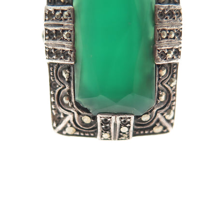 925 Sterling Antique Green Onyx & Marcasite Ring Size 7.75 (missing 25 stones)