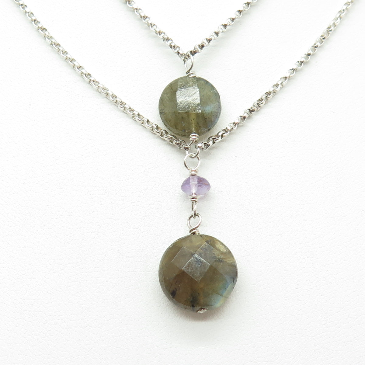 925 Sterling Silver Vintage Labradorite & Amethyst Double Chain Necklace 16-18"