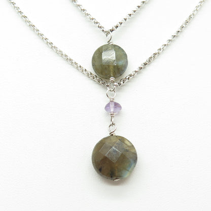 925 Sterling Silver Vintage Labradorite & Amethyst Double Chain Necklace 16-18"