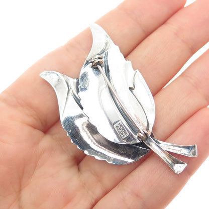 BEAU 925 Sterling Silver Vintage Modernist Floral Leaf Oxidized Pin Brooch