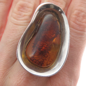 925 Sterling Silver Vintage Real Baltic Amber Modernist Domed Ring Size 8.25