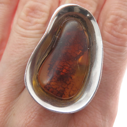 925 Sterling Silver Vintage Real Baltic Amber Modernist Domed Ring Size 8.25