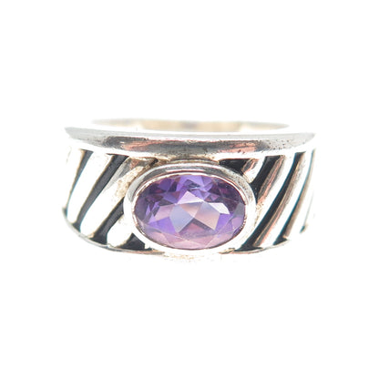 925 Sterling Silver Vintage Real Oval-Cut Amethyst Ribbed Ring Size 7.25
