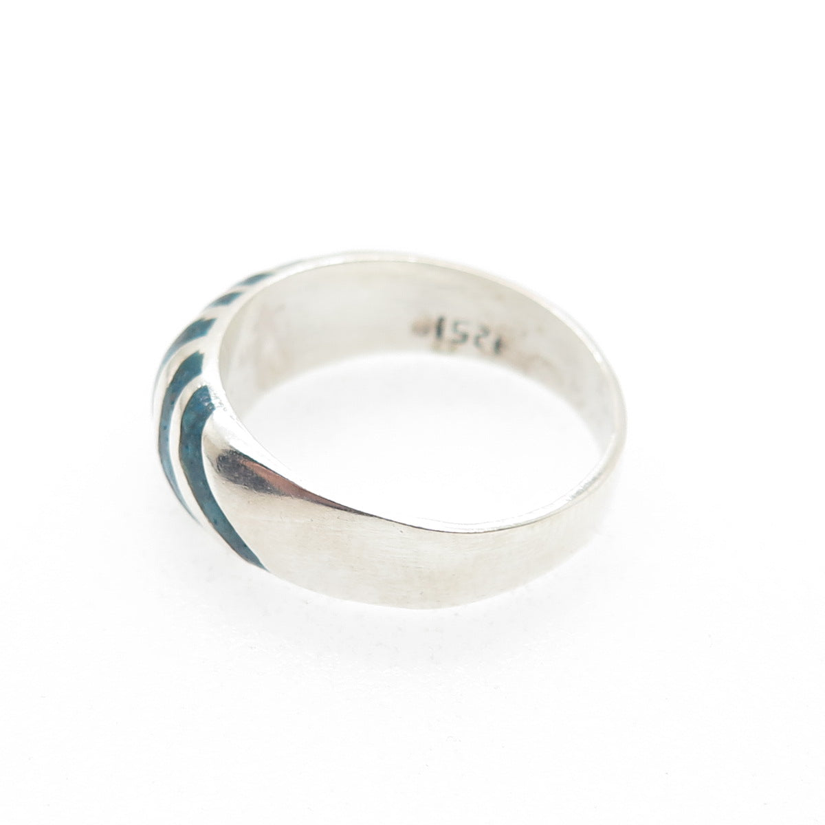 925 Sterling Silver Vintage Mexico Turquoise Inlay Ribbed Band Ring Size 6.5