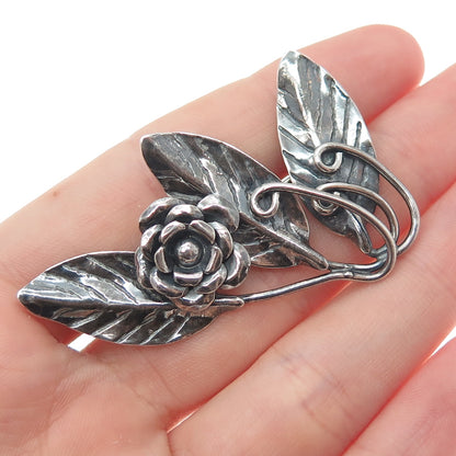 925 Sterling Silver Vintage Rose Flower Oxidized Pin Brooch