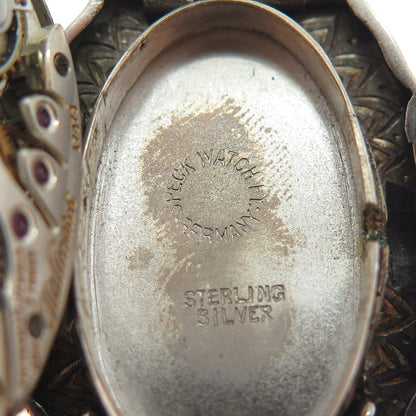 Hallwatch Sterling Antique Enamel Marcasite Swiss 15 Jewels Watch Necklace 24"