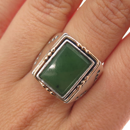 18K Gold 925 Sterling Silver Vintage Real Jade Modernist Ring Size 8