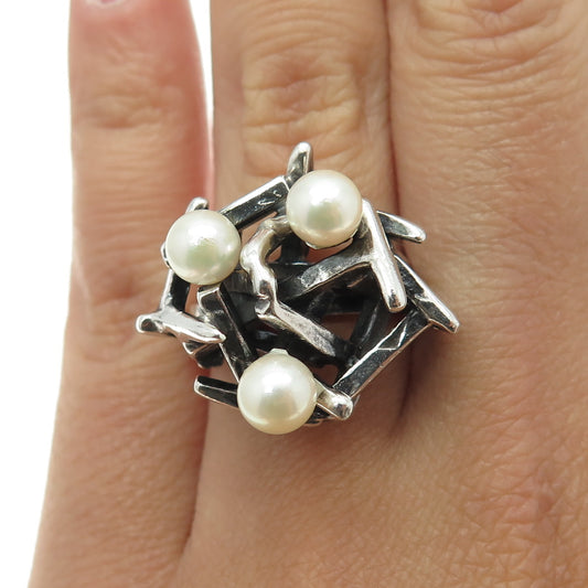 925 Sterling Silver Vintage Israel Real Pearl Modernist Ring Size 6.25