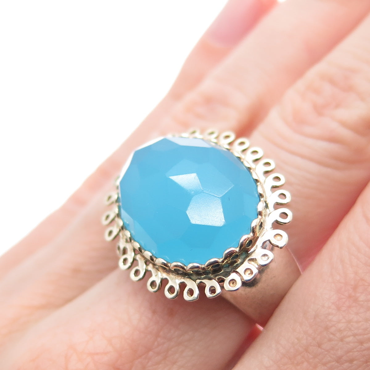 925 Sterling Silver 2-Tone Vintage Real Blue Chalcedony Flower Ring Size 7
