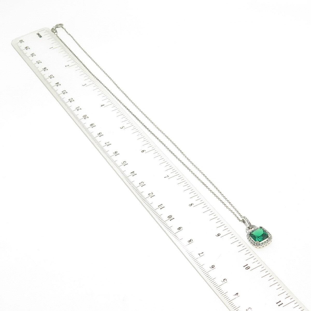 925 Sterling Silver Cushion & Round-Cut Green White C Z Cable Chain Necklace 18"
