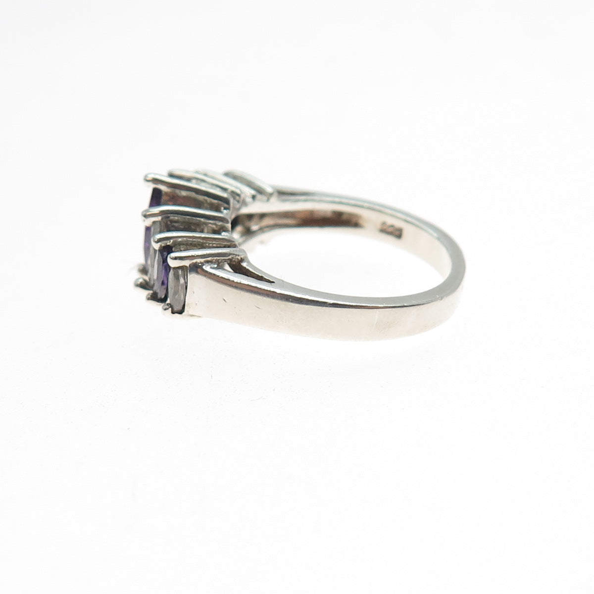 925 Sterling Silver Real Marquise-Cut Amethyst & C Z Ring Size 6