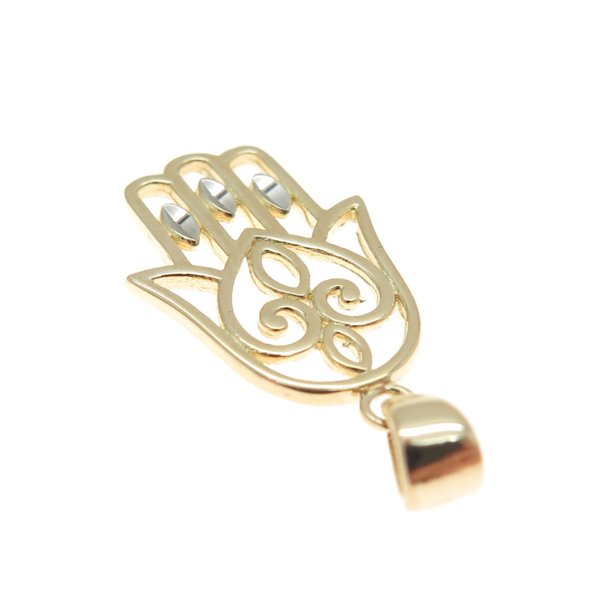 14K Yellow & White Gold Diamond-Cut Heart Hamsa Amulet Minimalist Charm Pendant