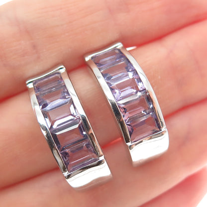 925 Sterling Silver Real Emerald-Cut Amethyst Half Hoop Earrings